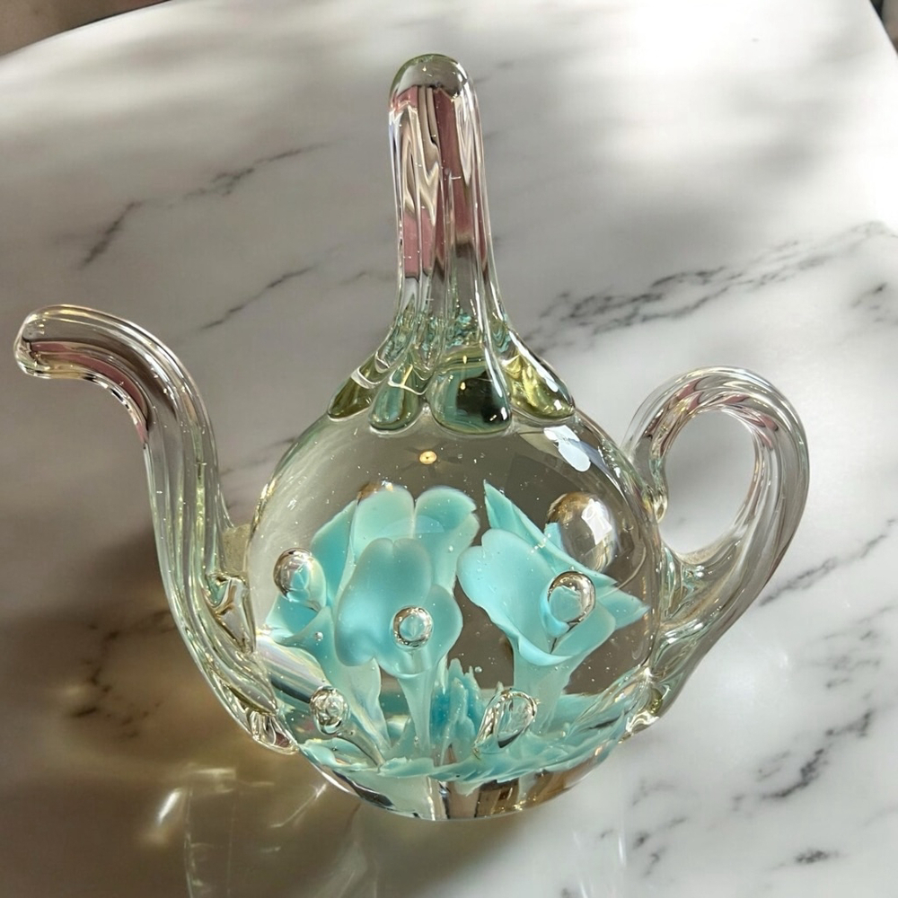 Glass Teapot Ring Holder with Blue Flowers, Hand Blown Art Glass Paperweight